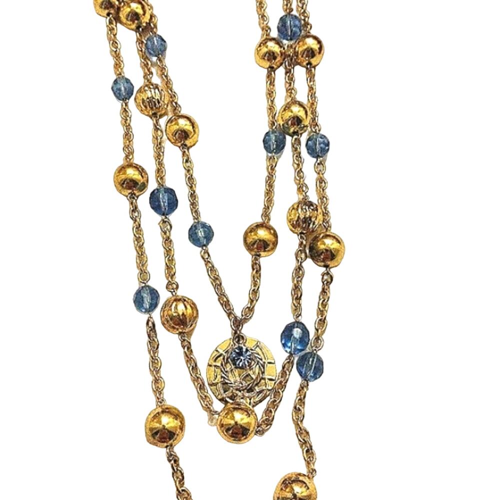 VNT Layered Necklace Gold Beads Light Blue Glass Tiered Multi Chains Cocktail